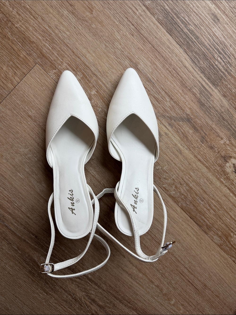 White Pointed-Toe Ankle Strap Heels